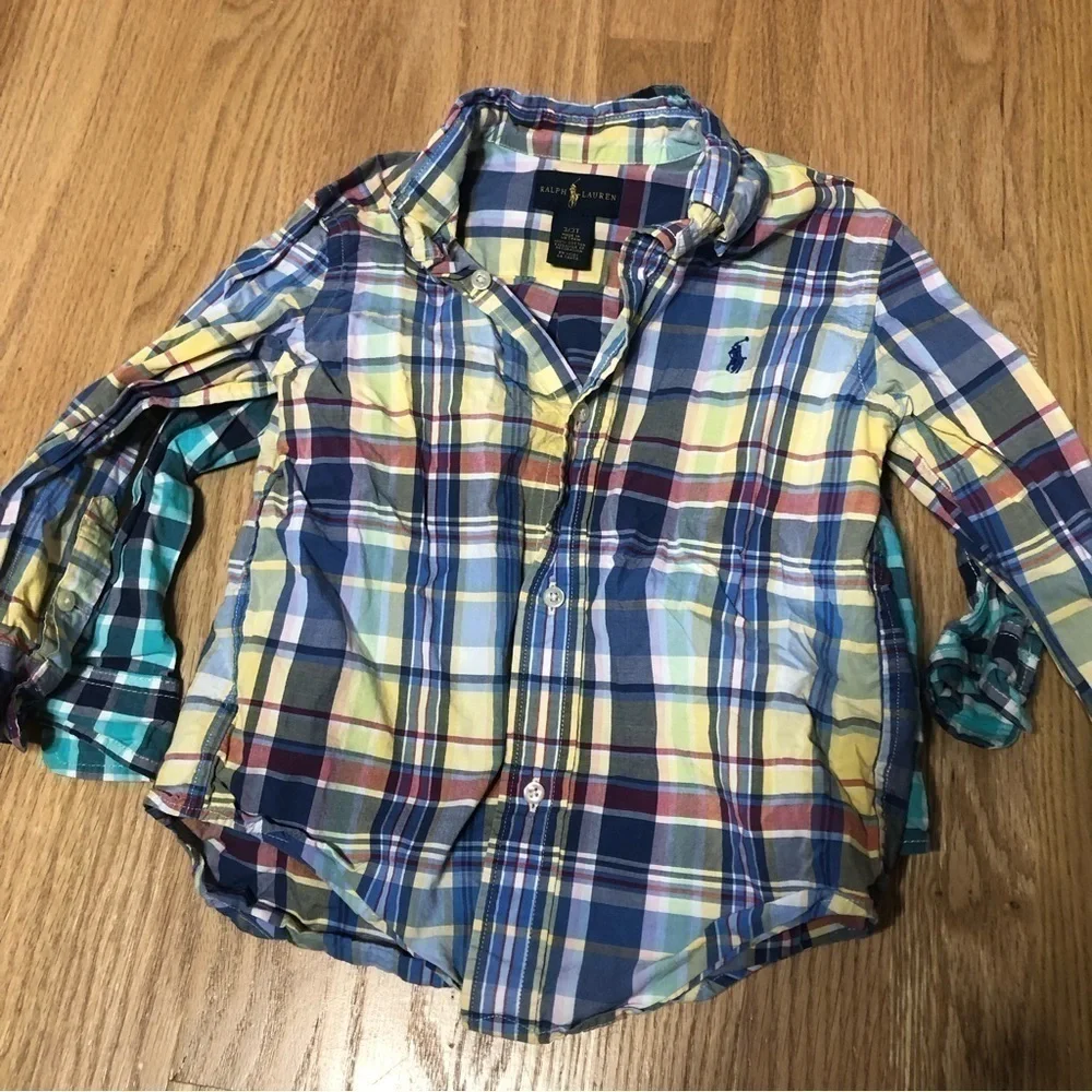 3T Button Down Shirt Bundle Boys Plaid Blue Yellow Collared Ralph Lauren